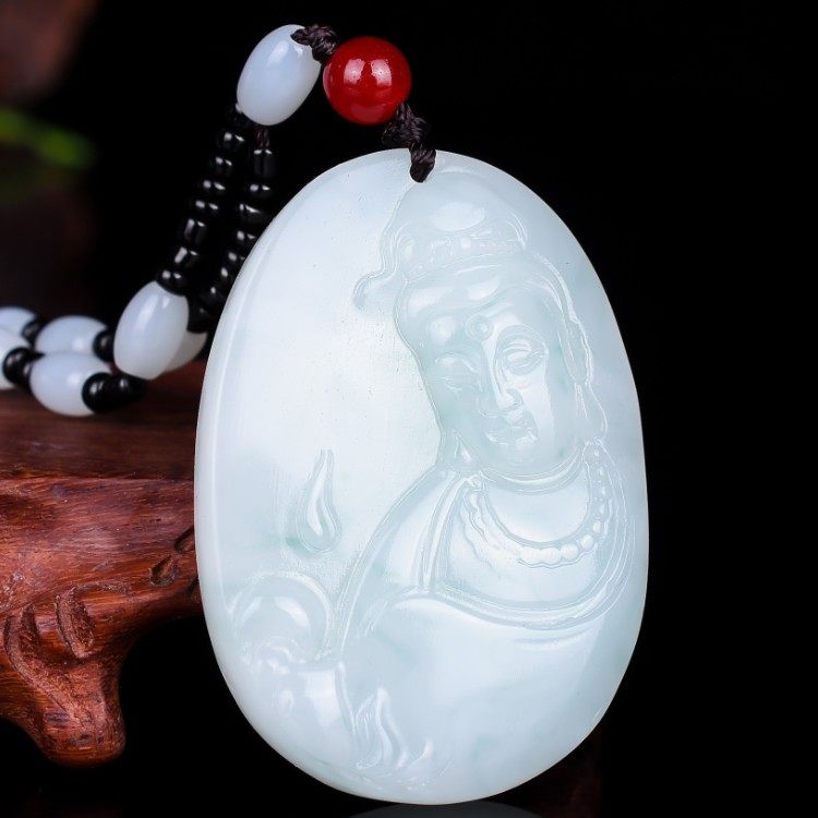 和田玉飘花男款观音吊坠青花玉观音牌子天然玉石挂件玉佩玉坠