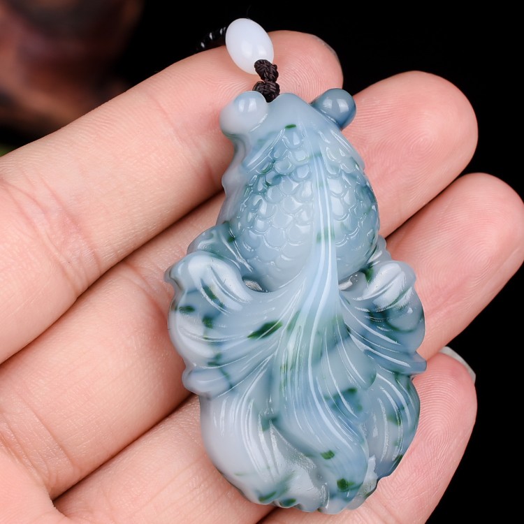 天然a货缅甸翡翠金鱼吊坠 男女款青花玉年年有鱼吊坠吉祥如意吊坠