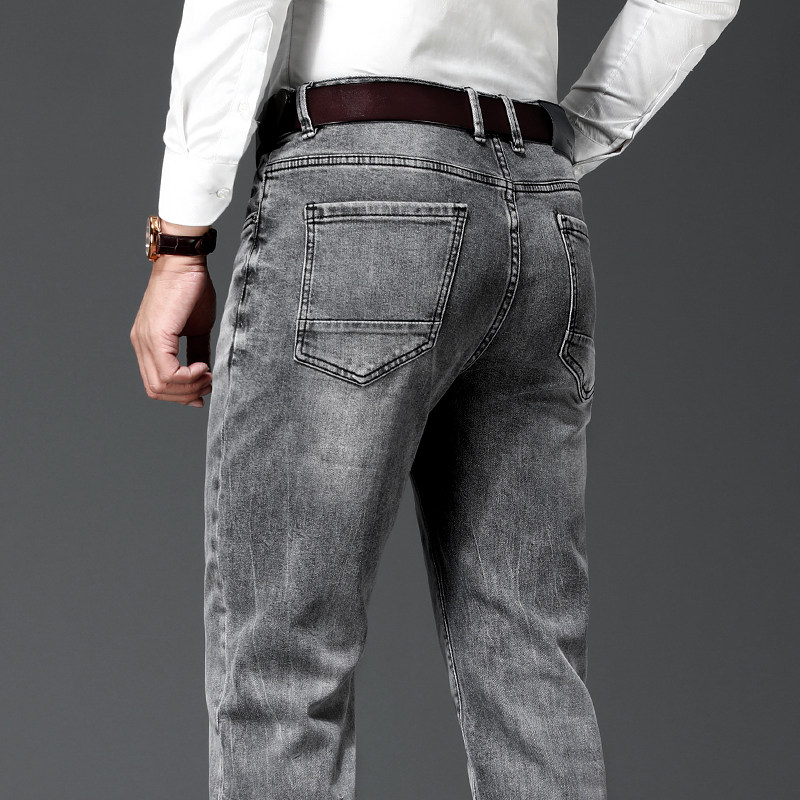 秋季款浅灰色弹力直筒宽松加长牛仔裤高端舒适时尚都市休闲男裤子