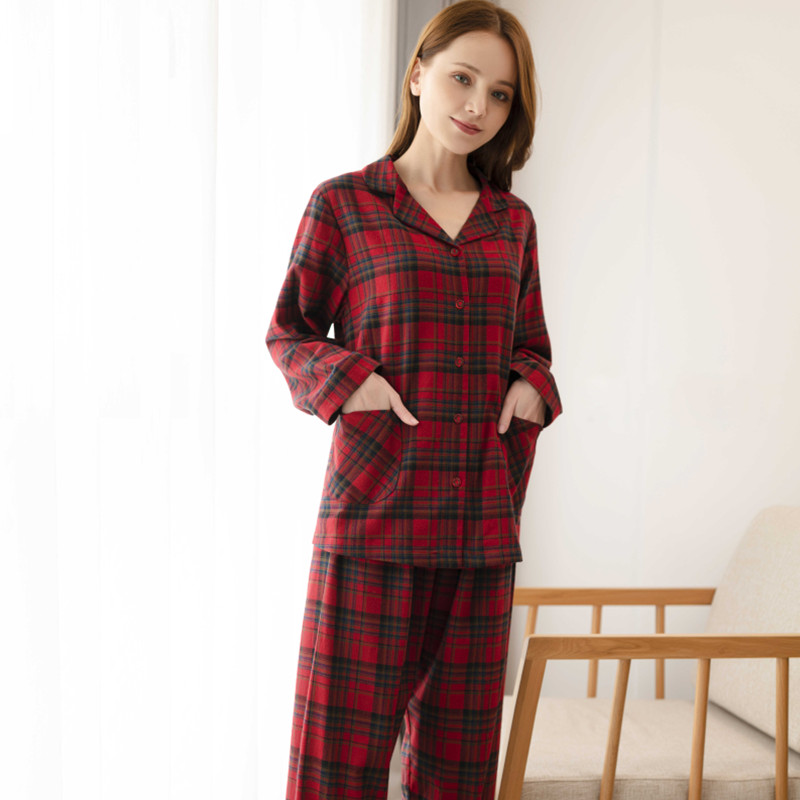麦可将2022春秋女士长袖长裤全棉布格子磨毛翻领睡衣家居服套4509
