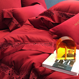 意大利蕾丝花边纯色阿瓦提100支长绒棉四件套红色婚庆结婚床品1.8