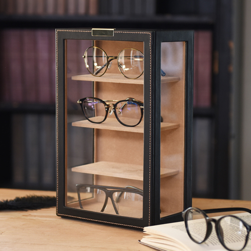 日本代购 茶谷产业 皮质方形四层玻璃面多功能眼镜盒手表收纳盒