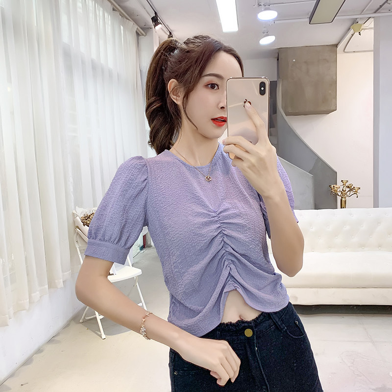 褶皱衬衣女v领高腰短袖性感小众设计感心机上衣短款露肚脐雪纺衫