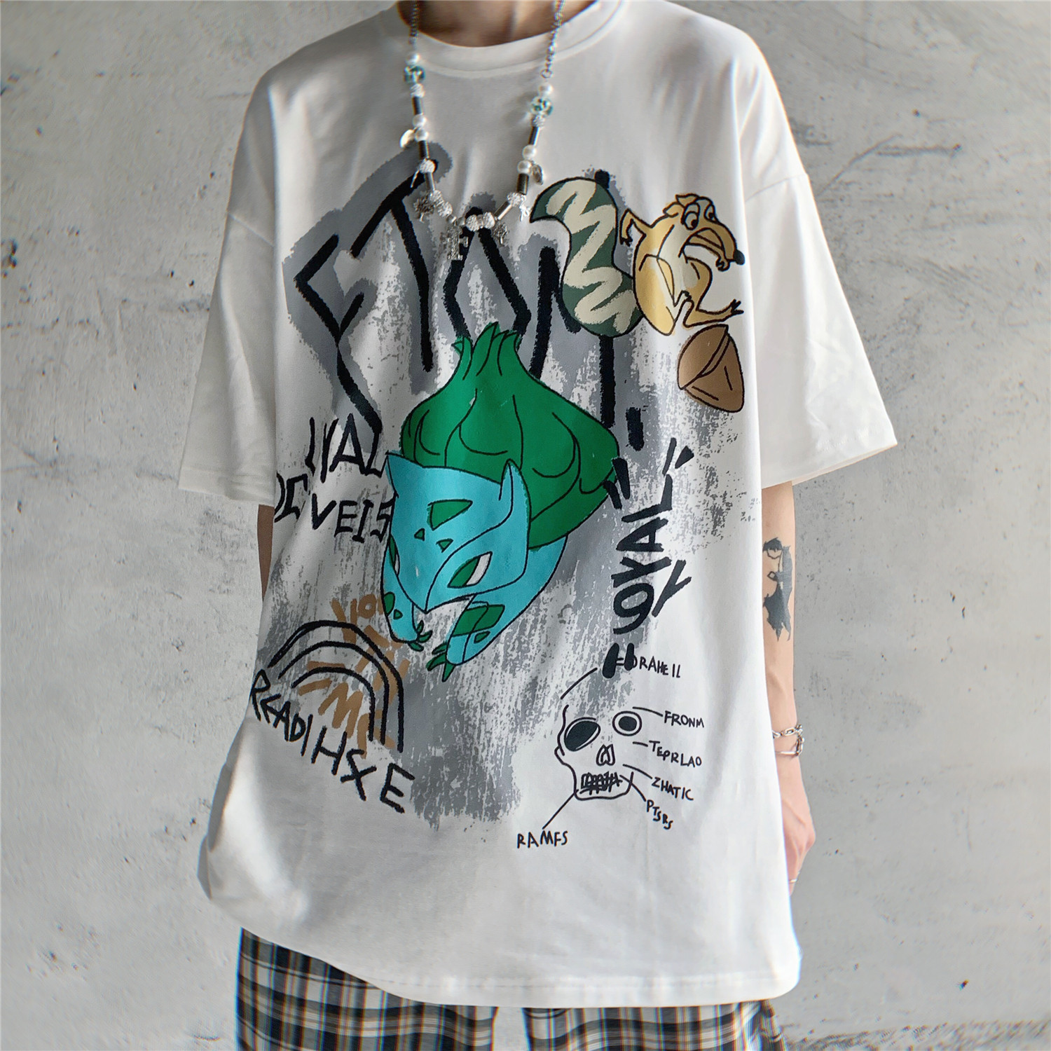 5521-p30 2020新款原宿风复古手绘涂鸦印花宽松短袖t恤男女