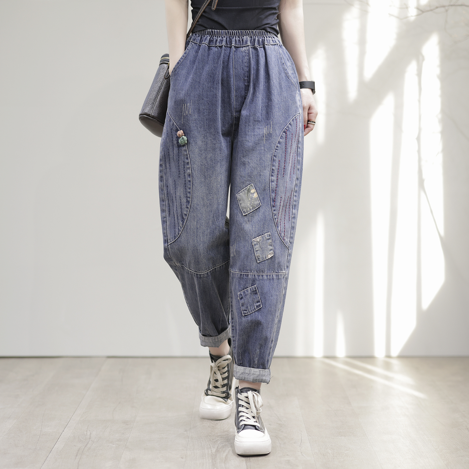 咖咪羽牛仔裤文艺拼接直筒宽松大码女士裤子休闲简约女款哈伦裤女