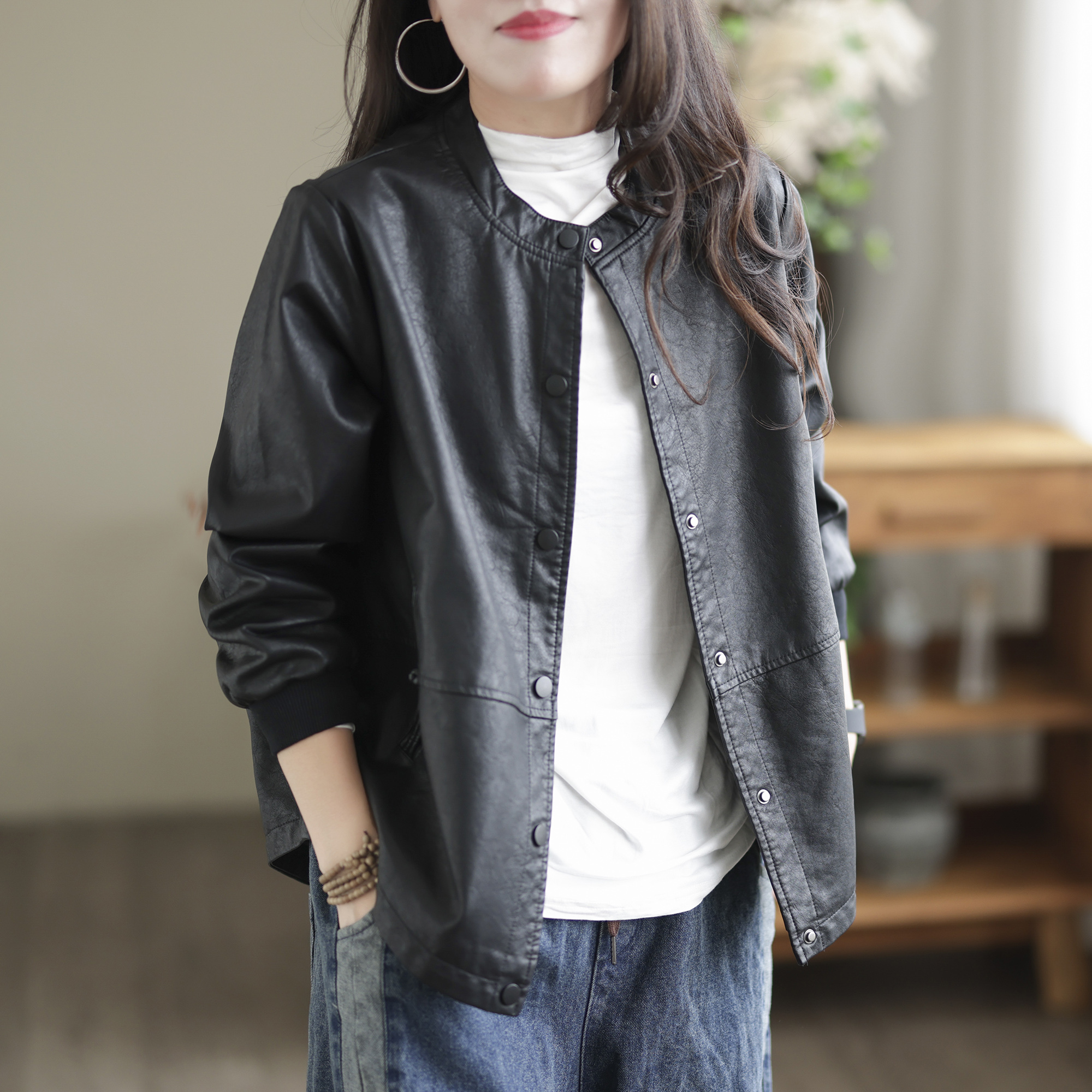 时尚皮夹克外套春秋休闲女士上衣显瘦黑色女款夹克女装洋气皮衣女