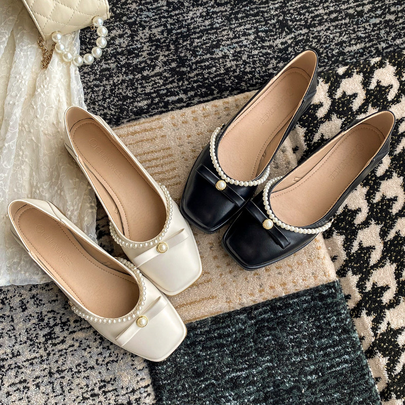 晚晚风温柔法式白色珍珠蝴蝶结单鞋