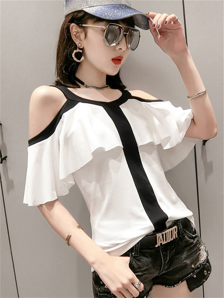 一折小衫上衣短袖性感_露肩短袖t恤女2019夏季新款时尚百搭荷叶边半袖