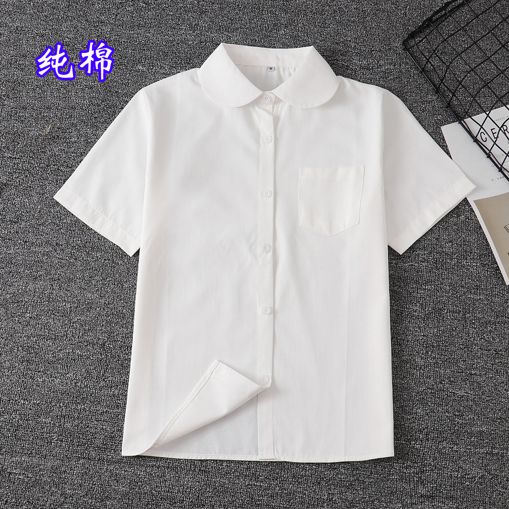 纯棉衬衫女短袖白色小圆领女士大码全棉衬衣中学生半袖jk制服夏季