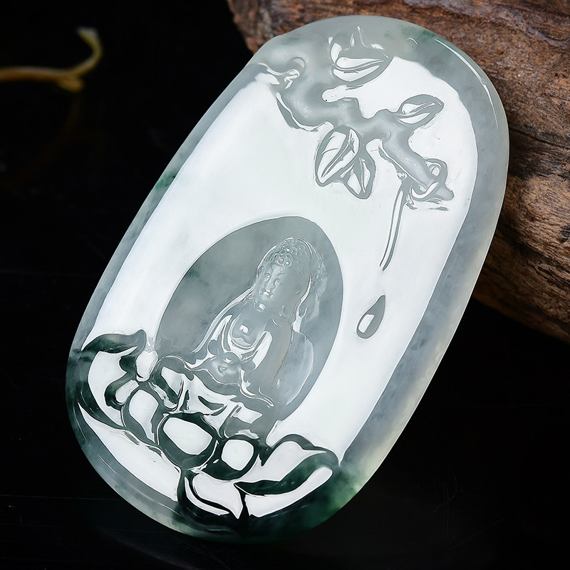 杨树明大师工作室作品天然缅甸a货翡翠飘花大日如来吊坠24.39g