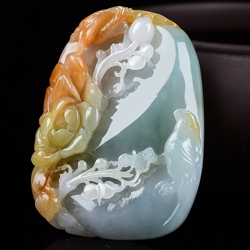 杨树明大师工作室作品天然缅甸a货翡翠冰糯种花开富贵吊坠44.34g