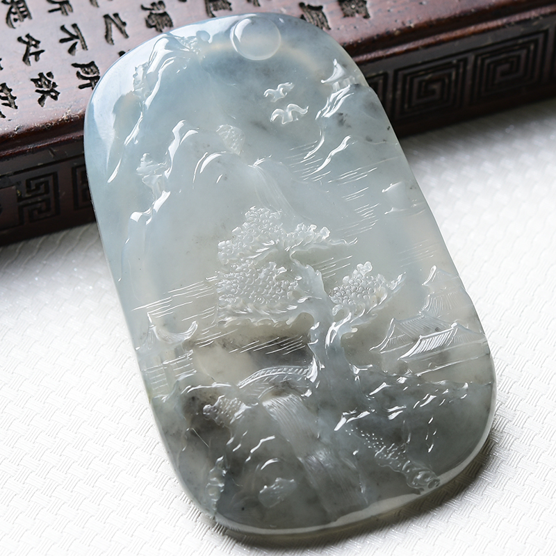 杨树明大师工作室作品天然缅甸a货翡翠冰种山水画吊坠46.31g