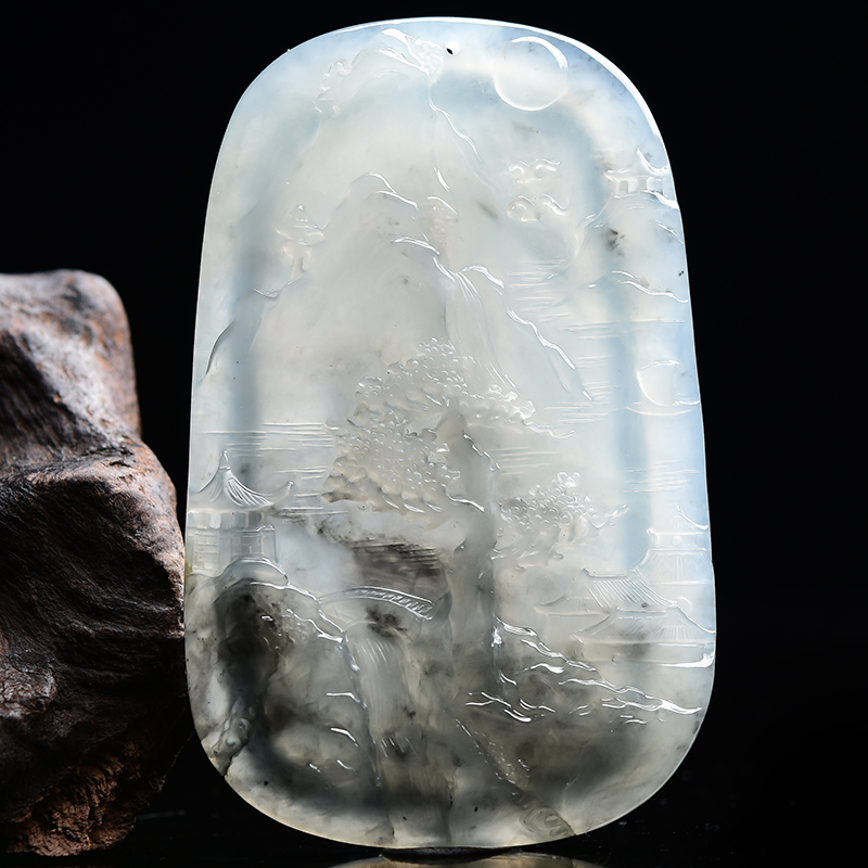 杨树明大师工作室作品天然缅甸a货翡翠冰种山水画吊坠46.31g