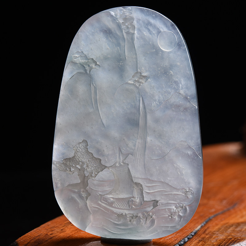 杨树明大师监制作品天然缅甸a货冰种翡翠山水意境牌吊坠36.88g