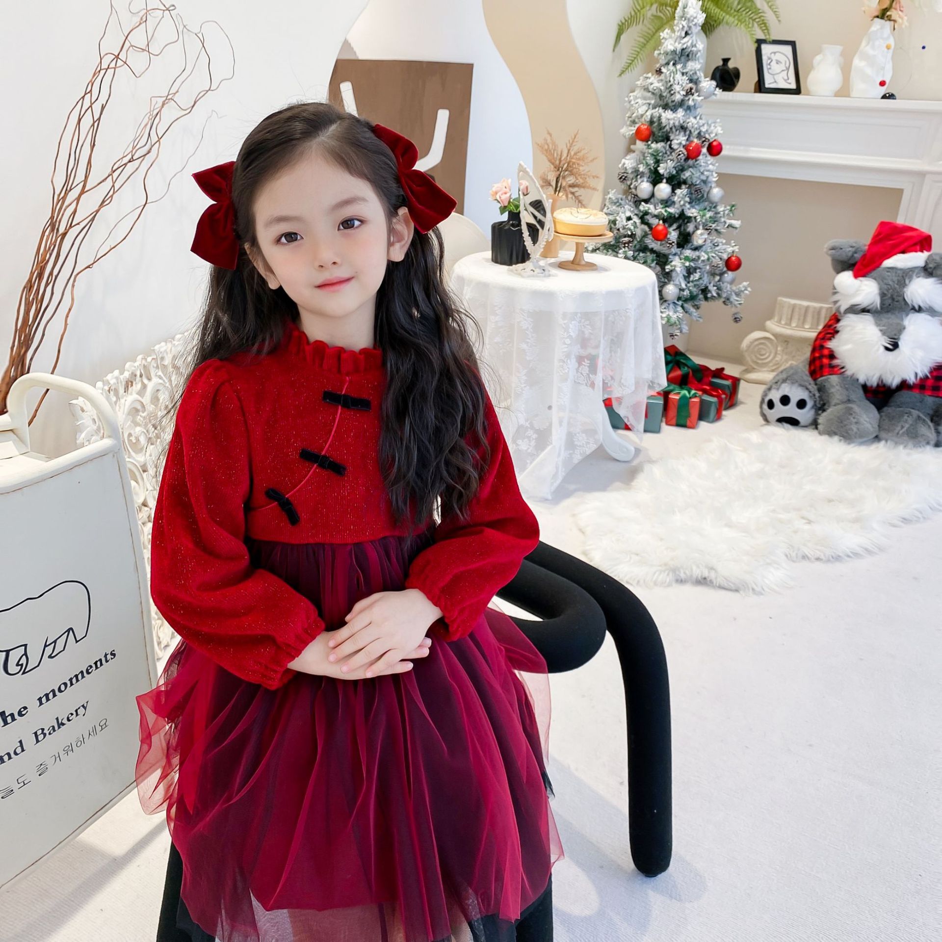 女童红色连衣裙中式盘扣新年裙2021秋冬新款圣诞礼服公主裙网纱裙