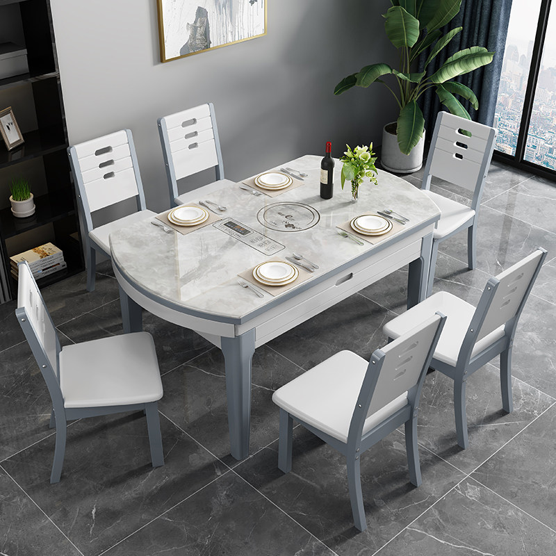 餐桌实木伸缩餐桌椅组合家用现代小户型玻钢石简约折叠圆桌吃饭桌