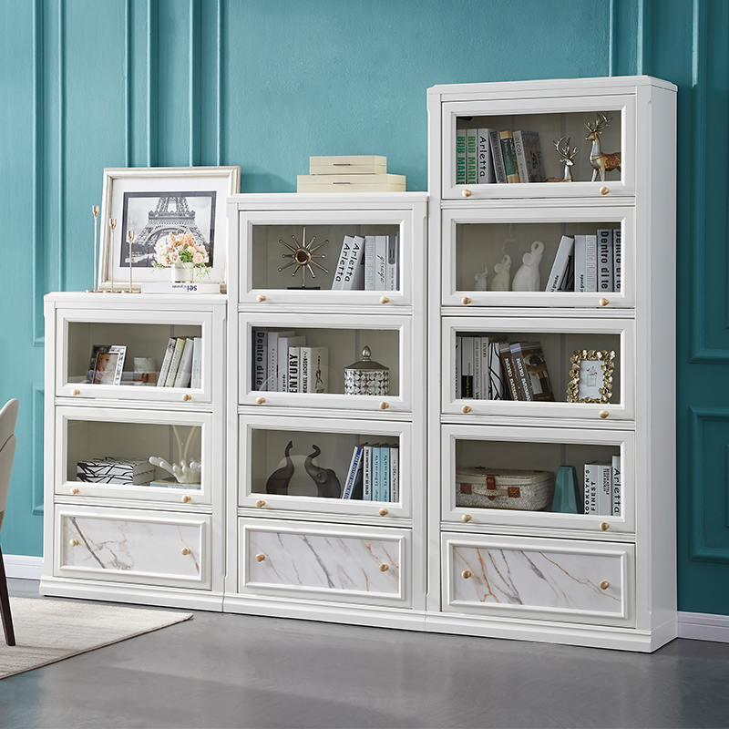 美式书柜组合实木客厅带玻璃门书架落地置物架白色家用收纳储物柜