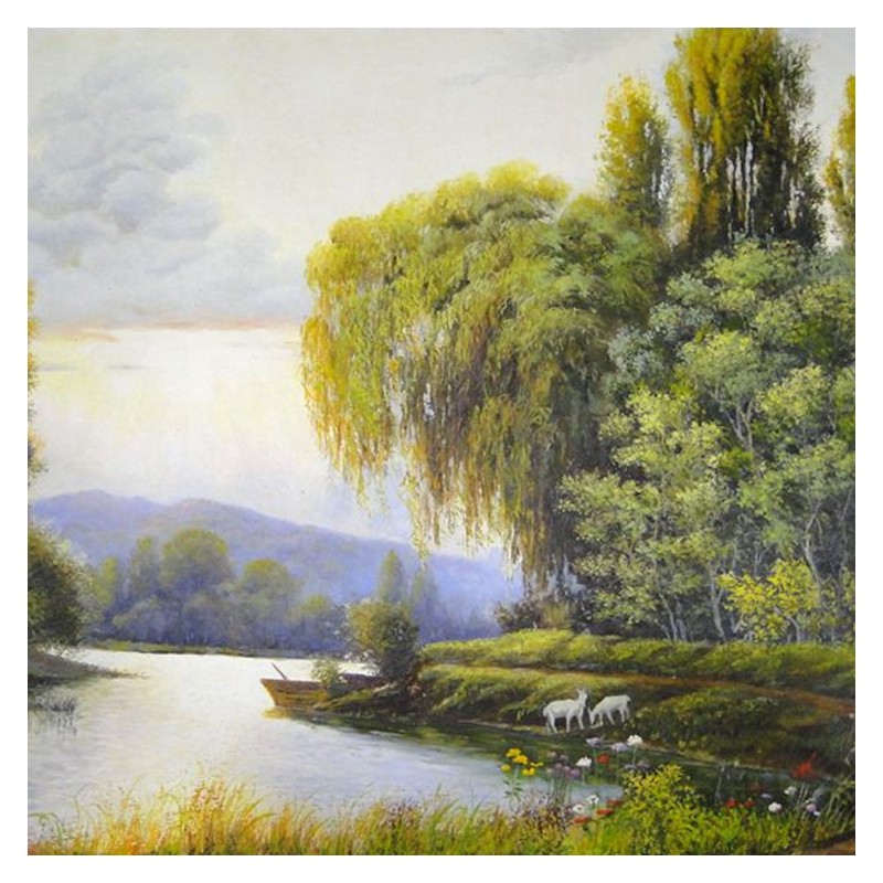 (朝鲜)李银姬《河岸美景》铁道美术创作社-三合国际文化