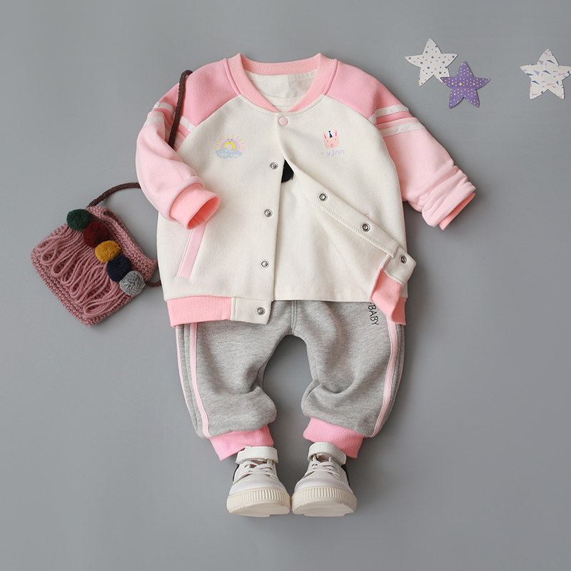 一折婴儿棒球服加绒女_0-1-3岁女宝宝棒球运动服套装2件婴幼儿春秋冬