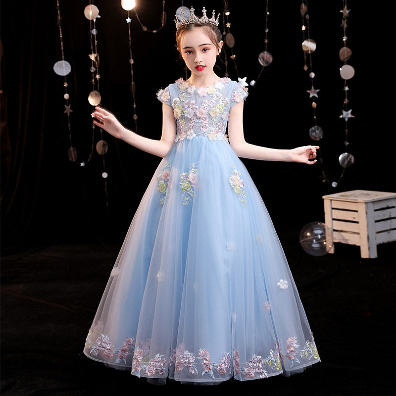 女童法式礼服蓝色长裙蓬蓬纱公主裙花童女孩主持人钢琴演出服夏季