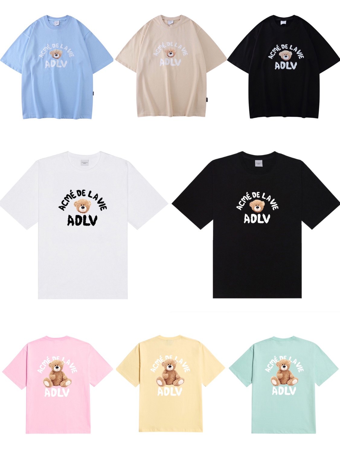 adlv短袖t恤 2022年春夏新款潮流印花小熊圆领t恤男女同款情侣装
