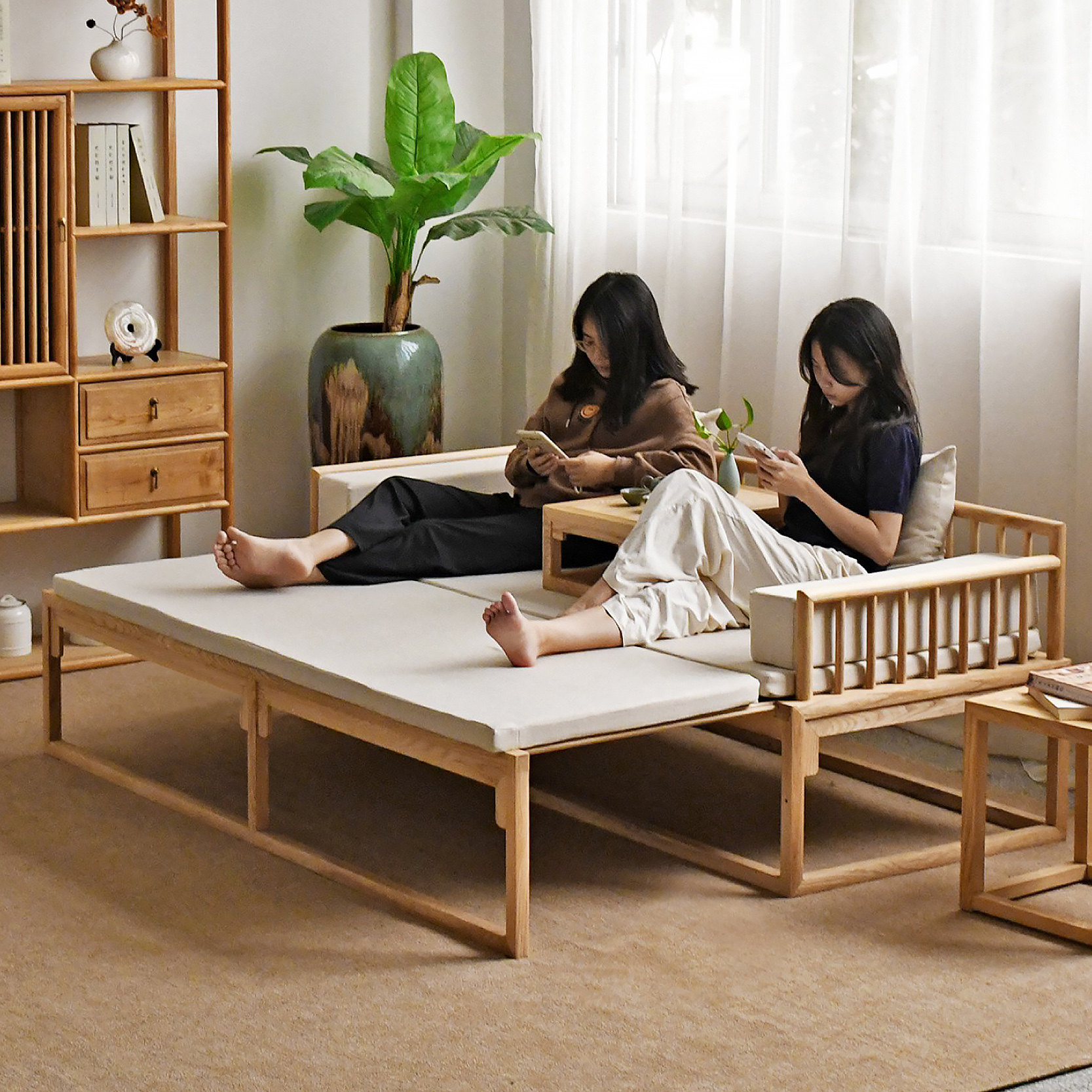 罗汉床新中式实木推拉床白蜡木小户型客厅伸缩沙发简约现代贵妃榻