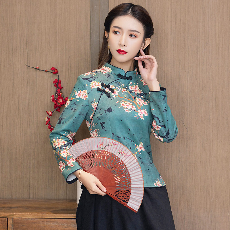 2020秋冬新款鹿皮绒新春短款旗袍上衣 日常中式复古唐装女演出服