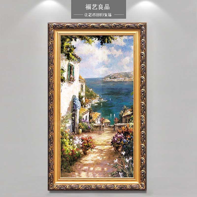 福艺良品欧式玄关装饰画手绘油画玄关画竖挂地中海风情过道壁画挂