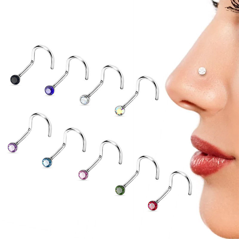 欧美简约潮流穿刺不锈钢鼻钉镶钻弯钩鼻环鼻钉饰品爆款难掉防丢