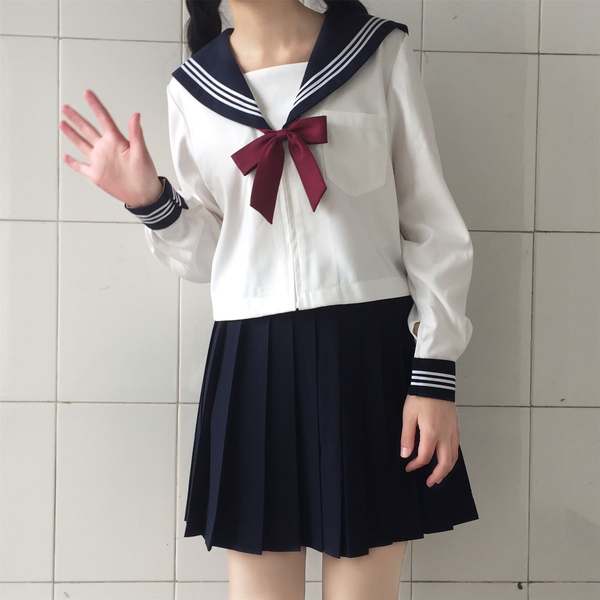 （现货）北苇Sunny 绀领白三本长袖jk制服女 关西襟基础款水手服