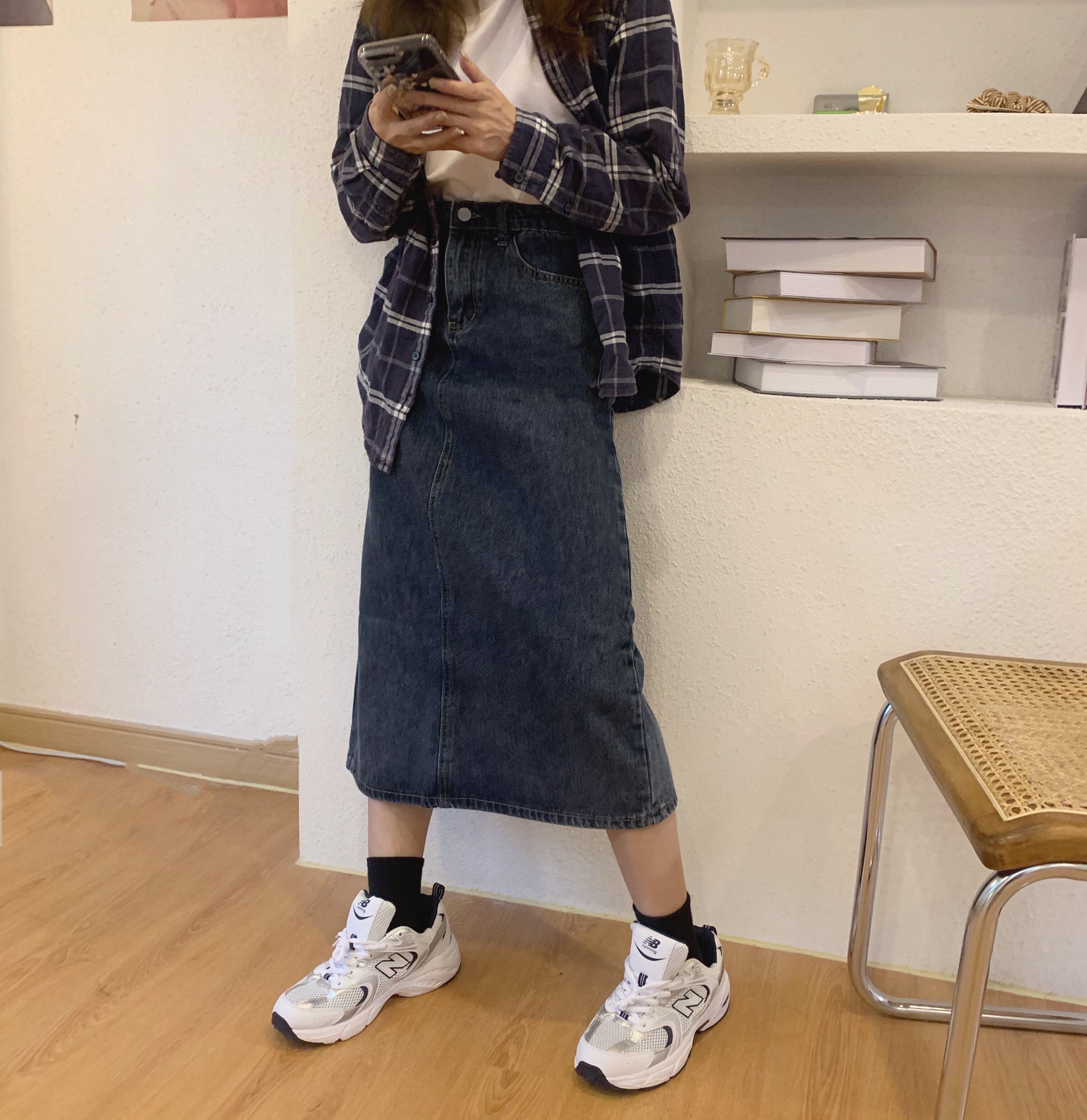 一罐快乐 后中开叉直筒牛仔裙女2022春夏季韩版中长款高腰半身裙