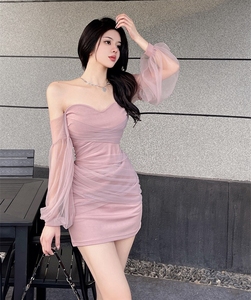 OFF SHOULDER STYLE SPLICE MESH SLIM DRESS