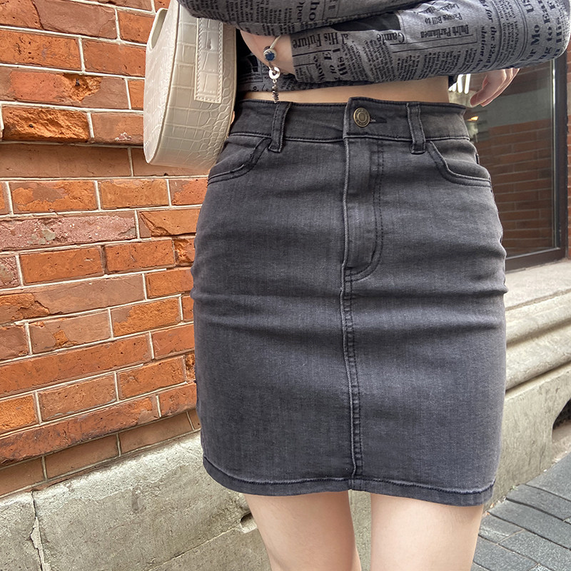 秋冬黑灰色高腰高弹包臀修身直筒显瘦牛仔半身裙铅笔裙mini超短裙