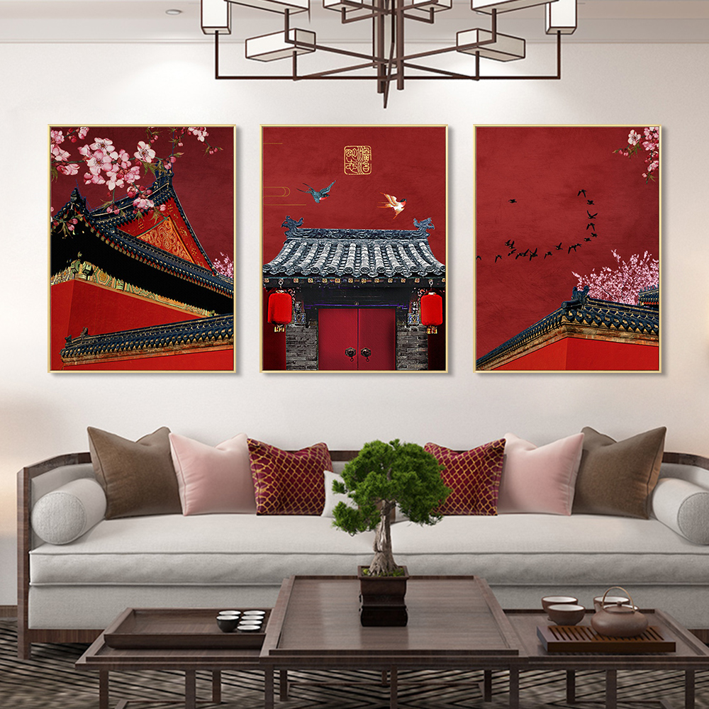 新中式客厅装饰画大气沙发背景三联画中国风故宫红色建筑书房壁画