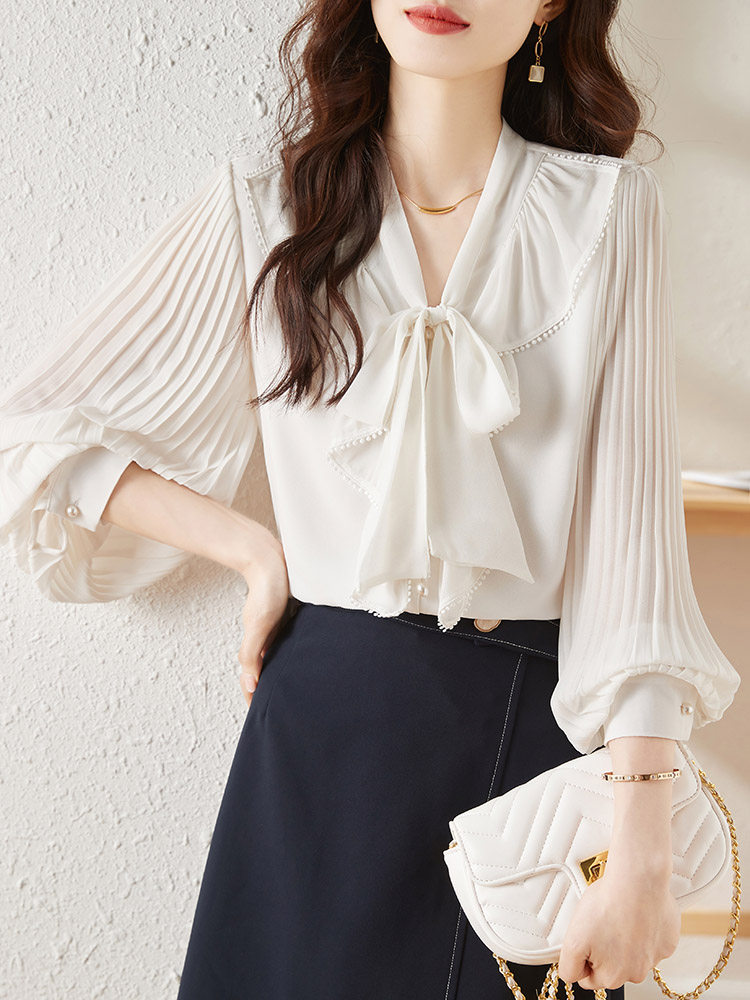 蝴蝶结高级感气质衬衫女长袖春款v领荷叶边风琴褶灯笼袖雪纺上衣