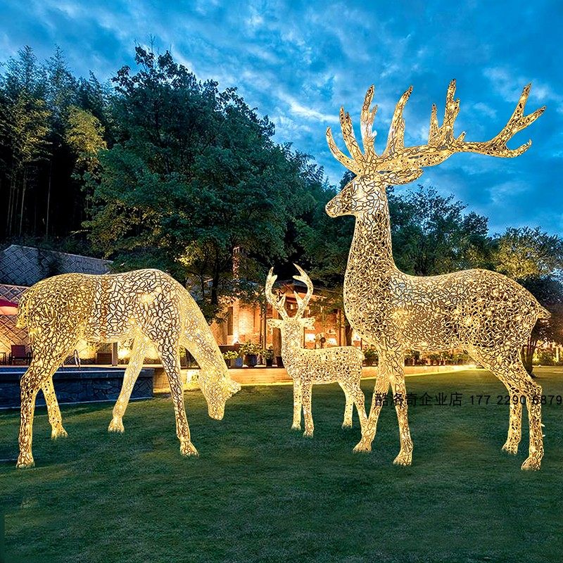 不锈钢镂空麋鹿雕塑商场户外草坪园林景观小品发光动物梅花鹿摆件