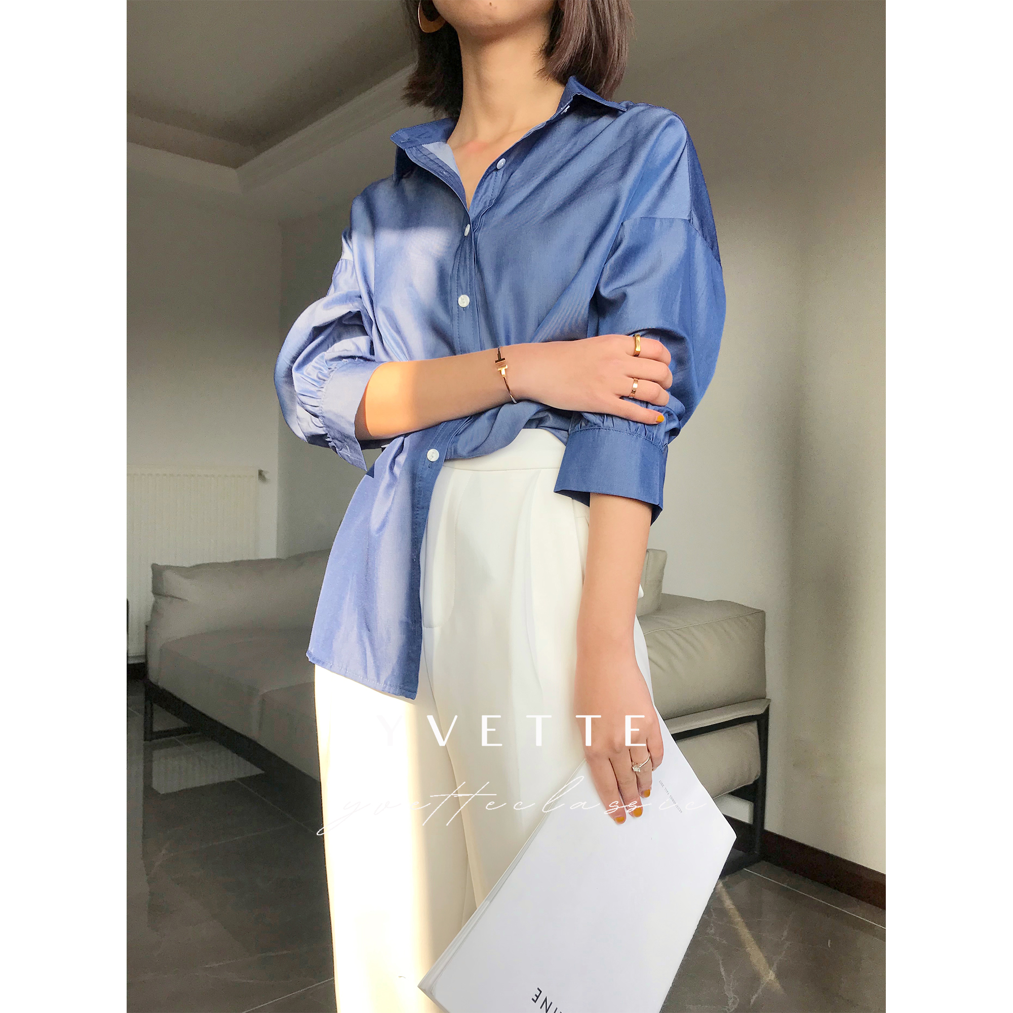 重推 极简COS风显白好穿牛仔蓝丝光衬衫女薄 yvetteclassic在类目 女装/女士精品, 衬衫中 - 来自Buy2taobao.com提供专业的淘宝代购服务