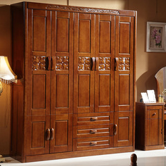 现代中式卧室家具实木衣柜四门五门整体木质橡木衣柜开门大衣橱