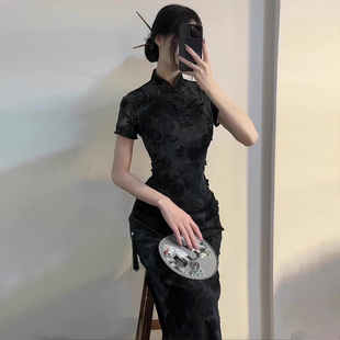 重工提花旗袍改良年轻款少女日常可穿复古民国新中式黑色连衣裙女