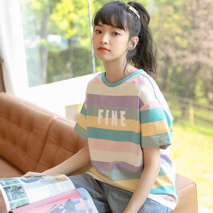 12大童短袖t恤女13初中生14夏天纯棉上衣15岁中学生洋气条纹衣服