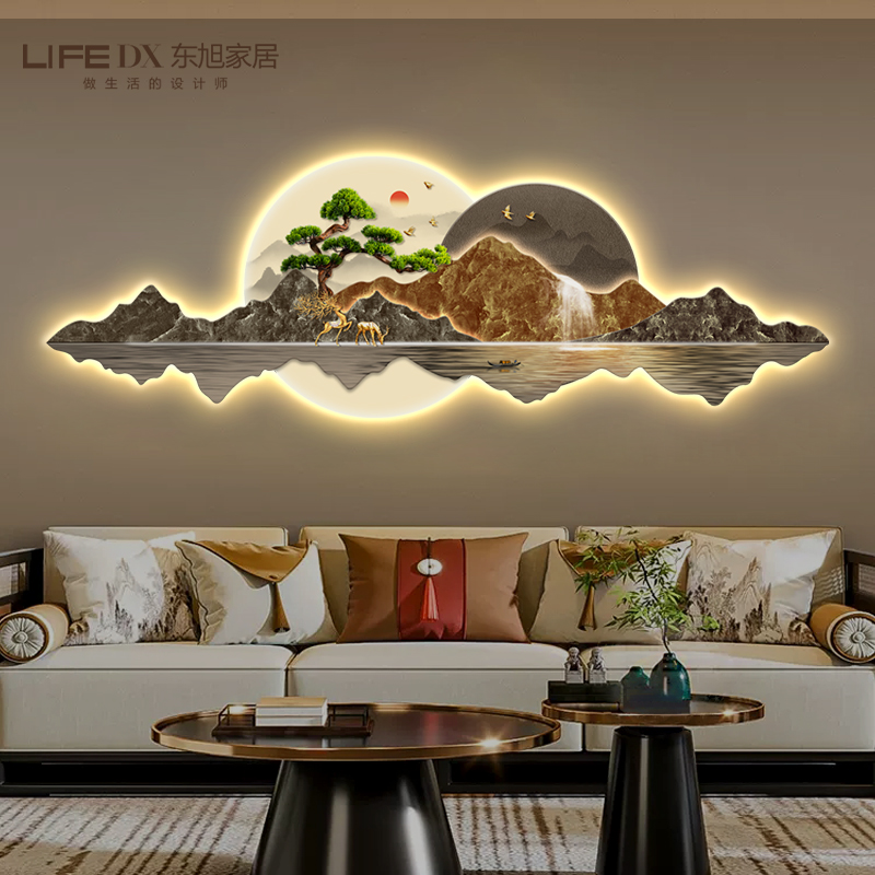新中式客厅装饰画led灯画沙发背景墙挂画2023新款大气山水画壁画