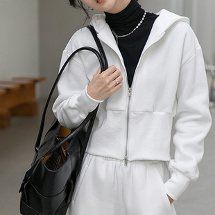 新款白色长袖连帽卫衣女设计感小众短款宽松双拉链小个子外套上衣
