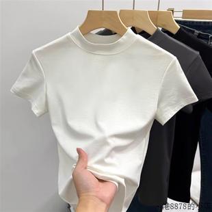 烟灰色天丝短袖T恤女夏季2024新款韩版修身显瘦设计感体恤上衣潮