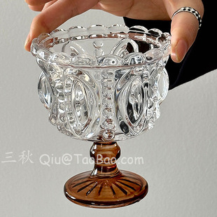 三秋Sanq复古浮雕棕色高脚玻璃杯冰淇淋杯甜品杯中古风创意咖啡杯