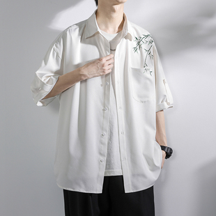 冰丝短袖衬衫男士夏季薄款新中式男装中国风竹子刺绣七分袖衬衣服