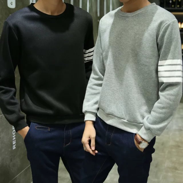 2017新款薄绒卫衣男长袖套头T恤纯色四杠宽松男女情侣上衣打底衫T