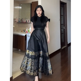 大码胖妹妹新中式女装改良汉服女夏季国风黑色马面裙套装2023新款