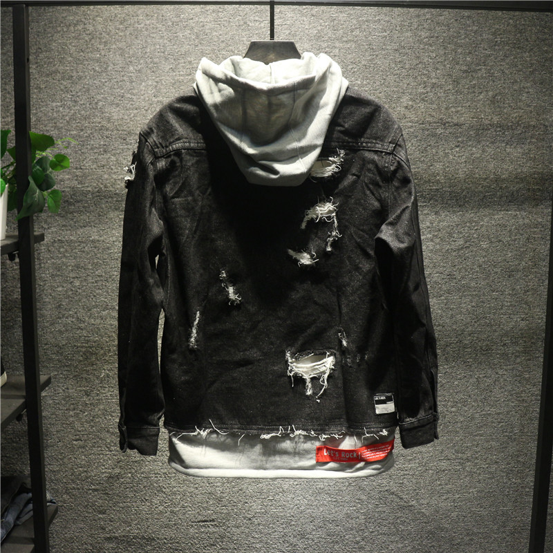 破洞牛仔衣男外套乞丐 潮流_hi man暗黑bf宽松牛仔衣男士黑色破洞犀利