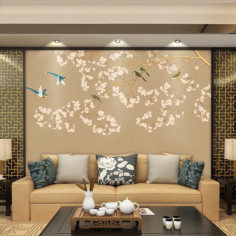 高清定制现代新中式花鸟壁画客厅沙发电视背景墙卧室无缝壁纸墙布