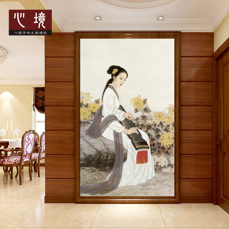 定制名家仕女工笔画酒店书房卧室客厅沙发茶楼馆5D壁画墙纸背景墙